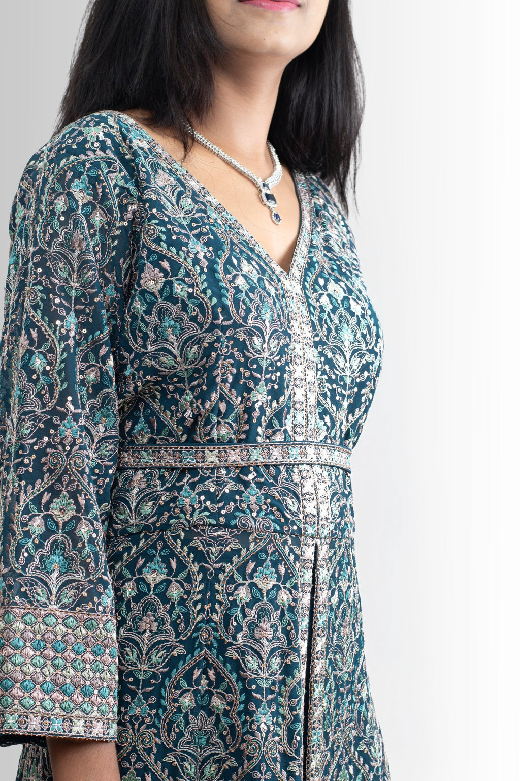 Handwork Silk Front-Open Gown: Regal Elegance