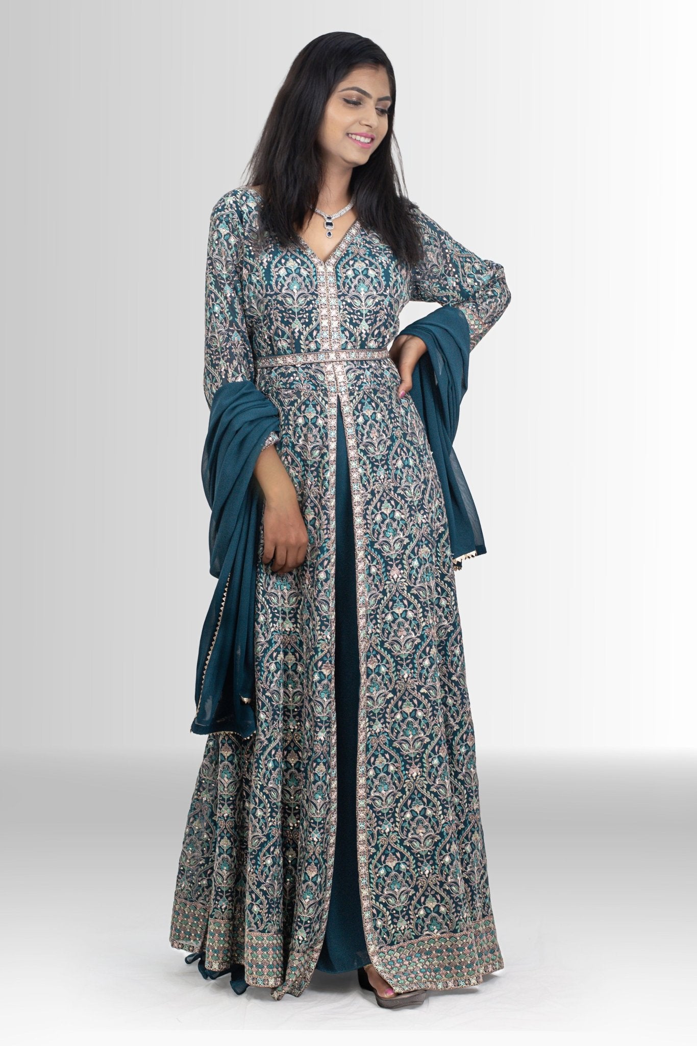 Handwork Silk Front-Open Gown: Regal Elegance