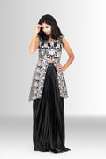 Indo-Western black embroidered jacket with long flowy skirt front view Rosio House
