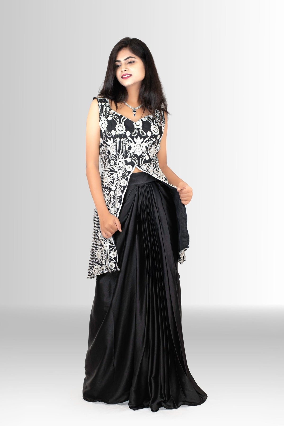 Indo-Western black partywear jacket and skirt set side profile Rosio House