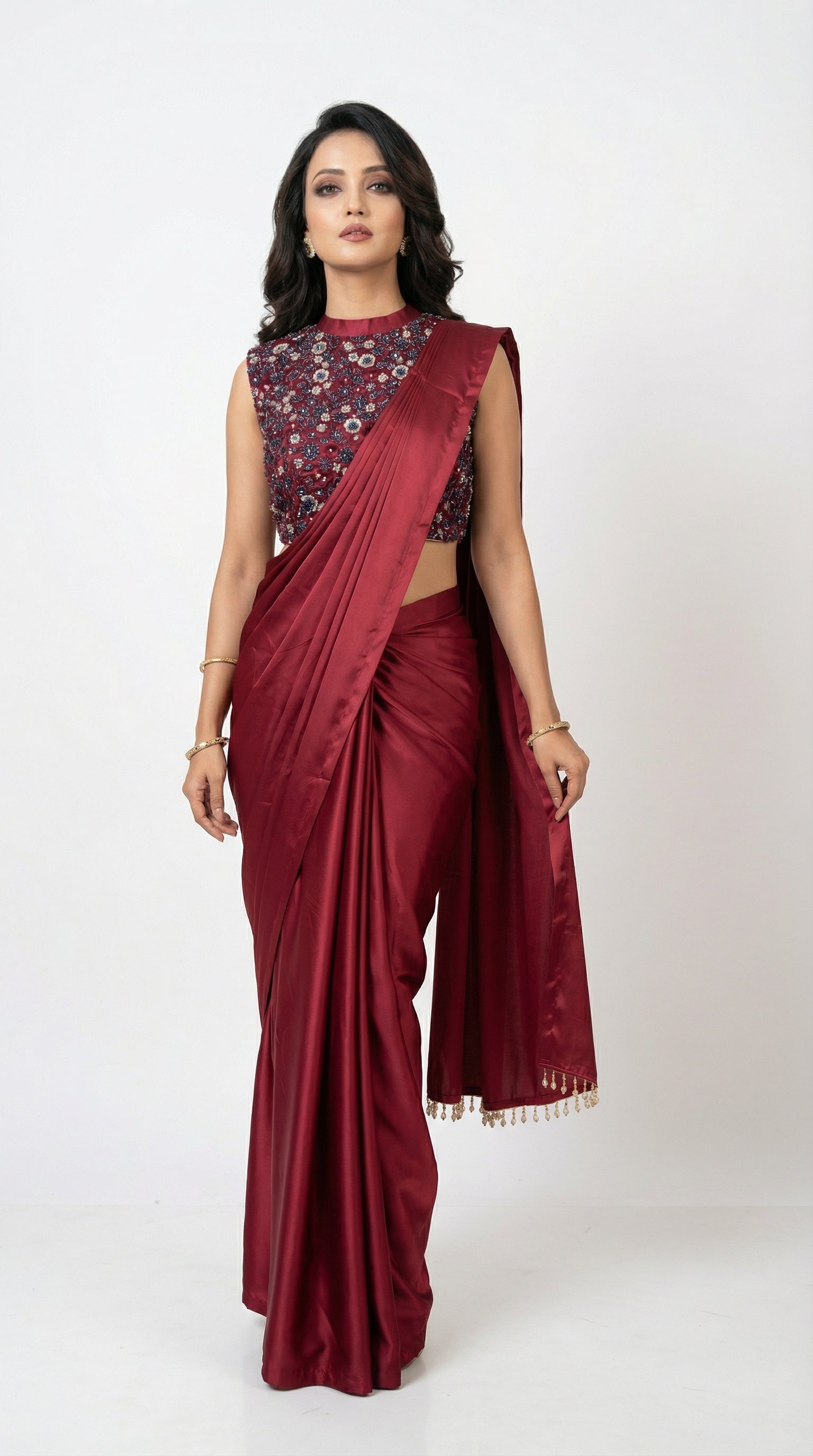 Maroon Satin Ready-to-Wear Saree | Floral High-Neck Blouse Set