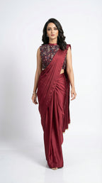 maroon drape saaree with handworkfloral blouse