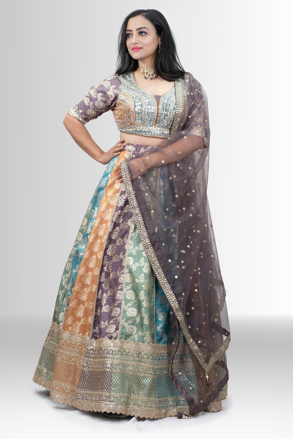 Multi-Color Banarasi Lehenga with Mirror Work Blouse - Festive & Wedding Glamour