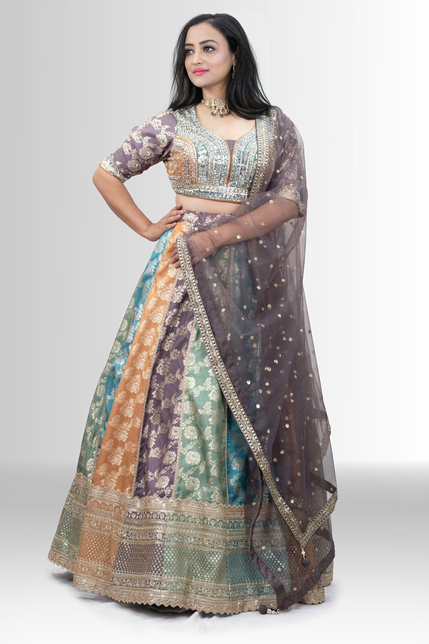 Multi-Color Banarasi Lehenga with Mirror Work Blouse - Festive & Wedding Glamour