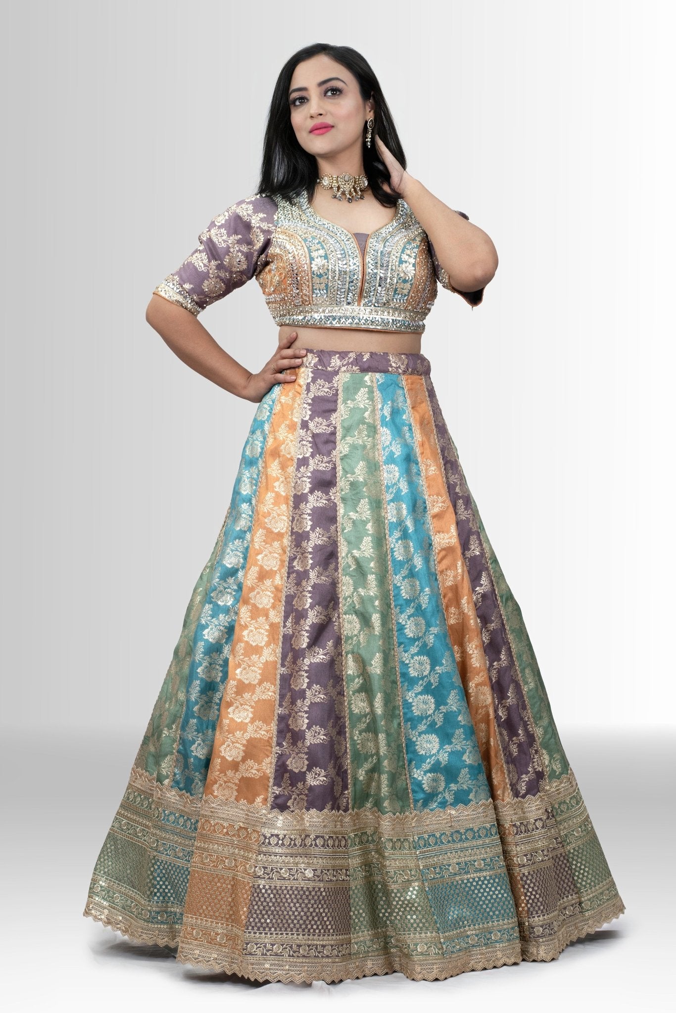 Multi-Color Banarasi Lehenga with Mirror Work Blouse - Festive & Wedding Glamour