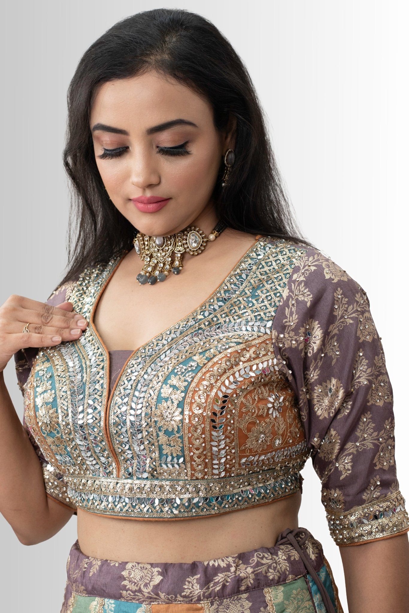 Multi-Color Banarasi Lehenga with Mirror Work Blouse - Festive & Wedding Glamour