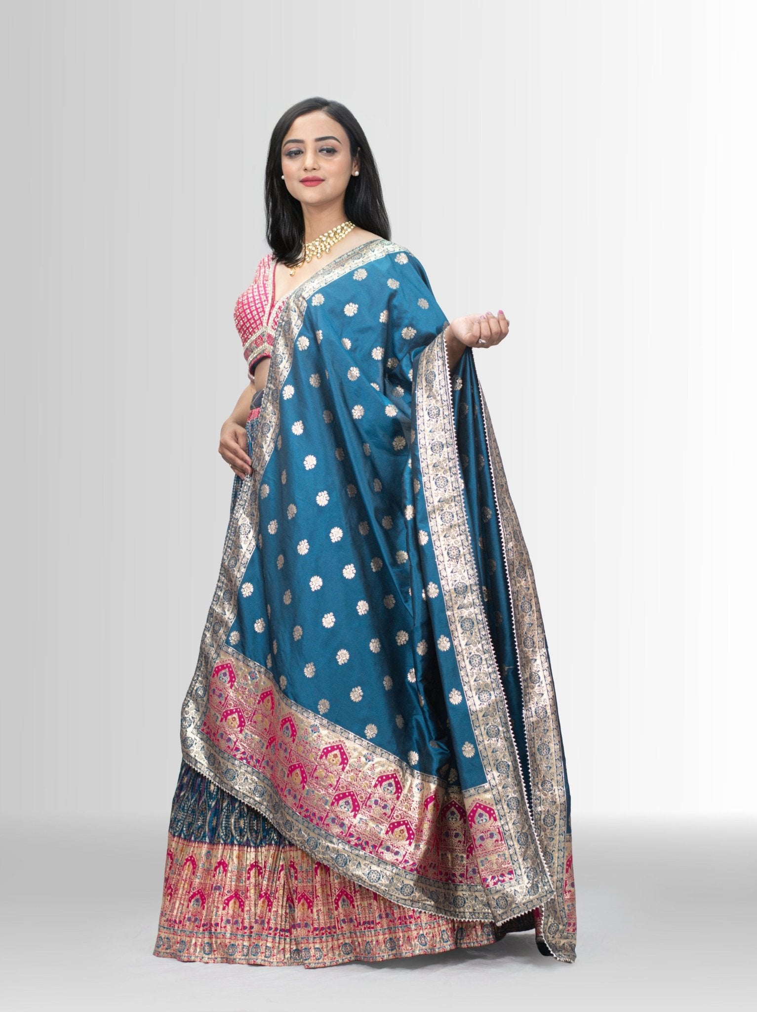 Red and blue banasri lehenga  with swarovski beads and long chuni