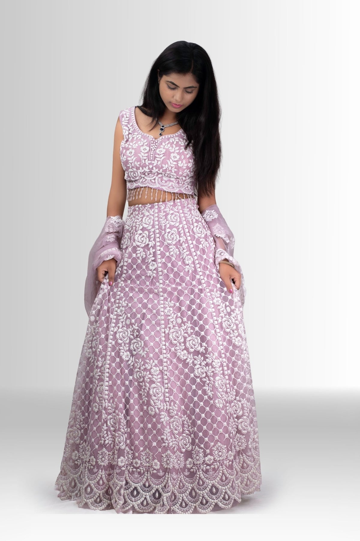 Pink 3D Embroidered Net Lehenga Set with Dupatta