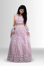 Pink 3D Embroidered Net Lehenga Set with Dupatta