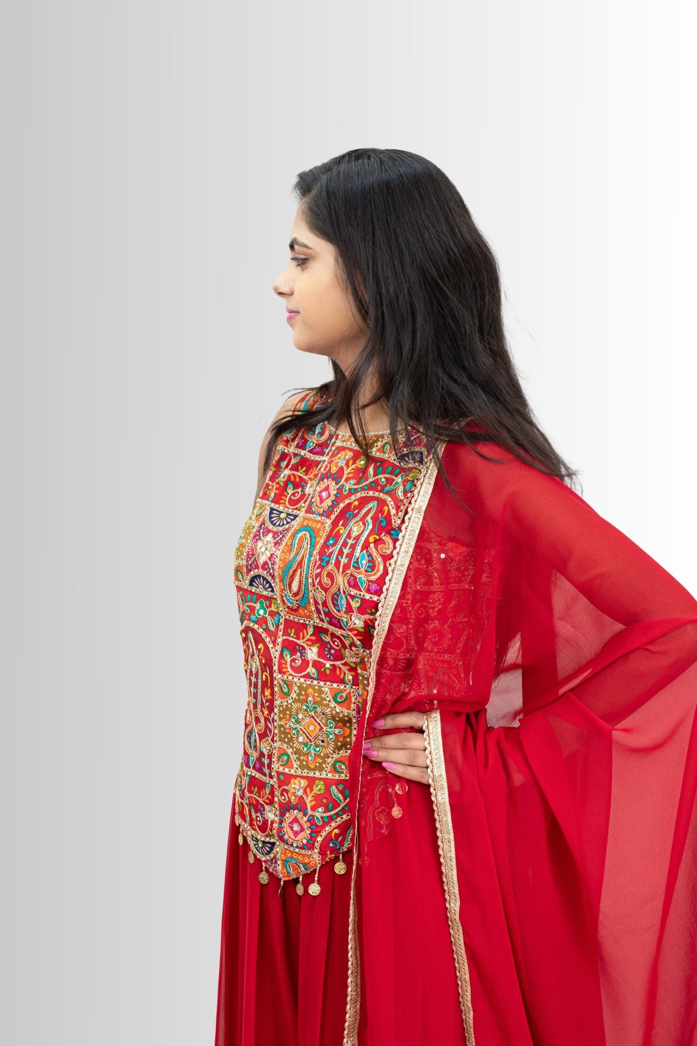 Red indo western dress block print with embroidery