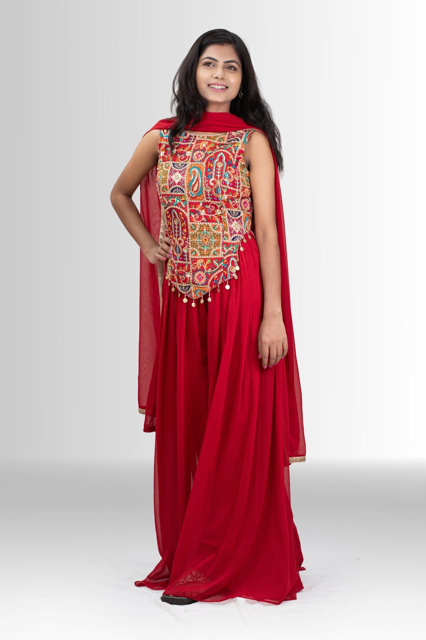 Red indo western dress block print with embroidery