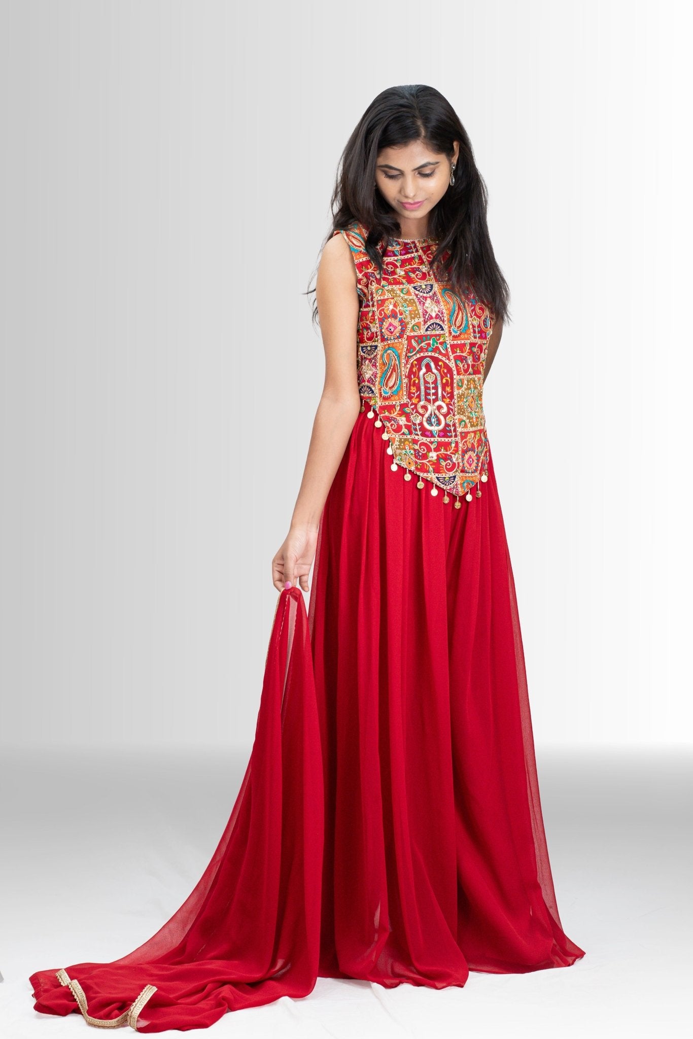 Red indo western dress block print with embroidery