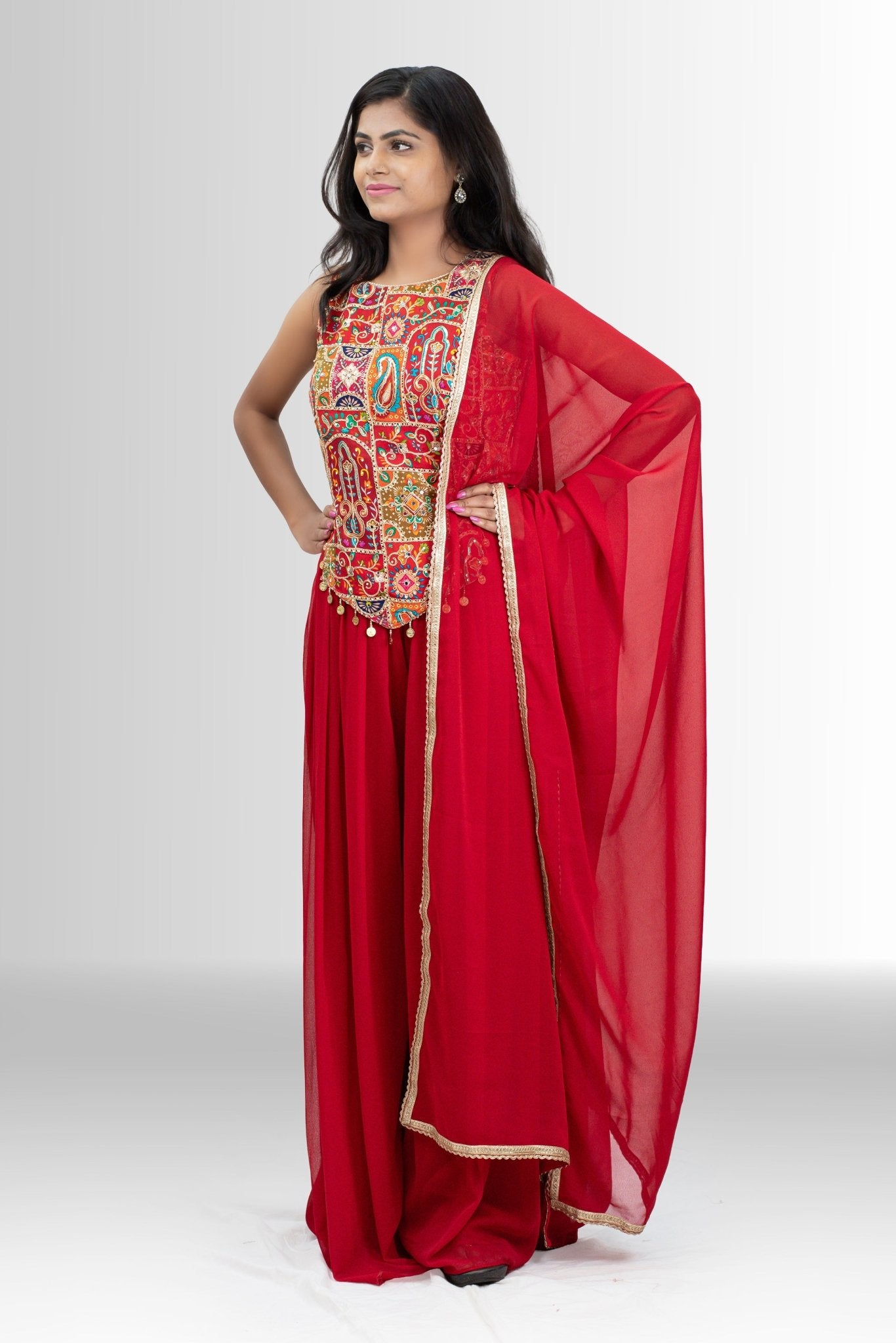 Women red indo western block print and embroidery  with plazo and chunni