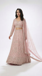 Woman wearing a pink traditional lehenga with a white background