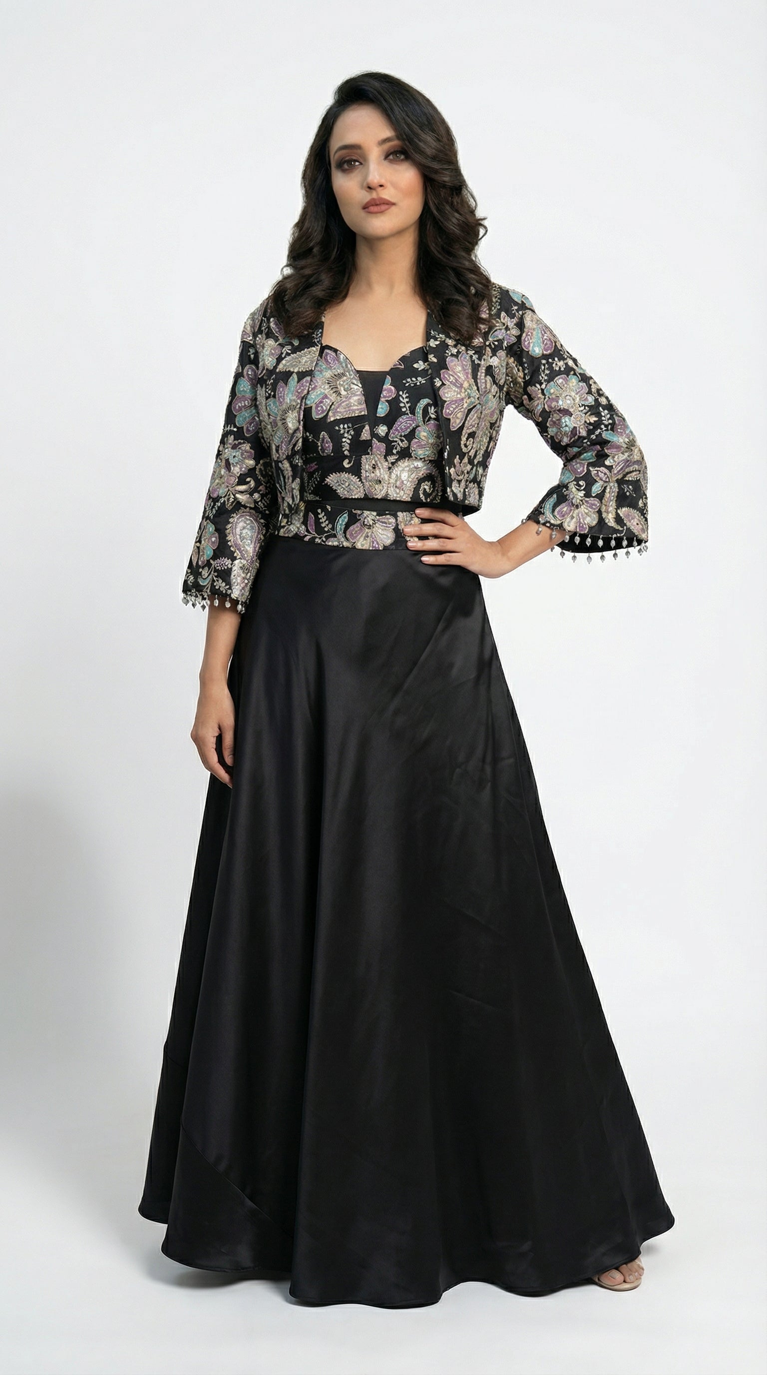 Women wearing black handwork jacket sytle indowestern