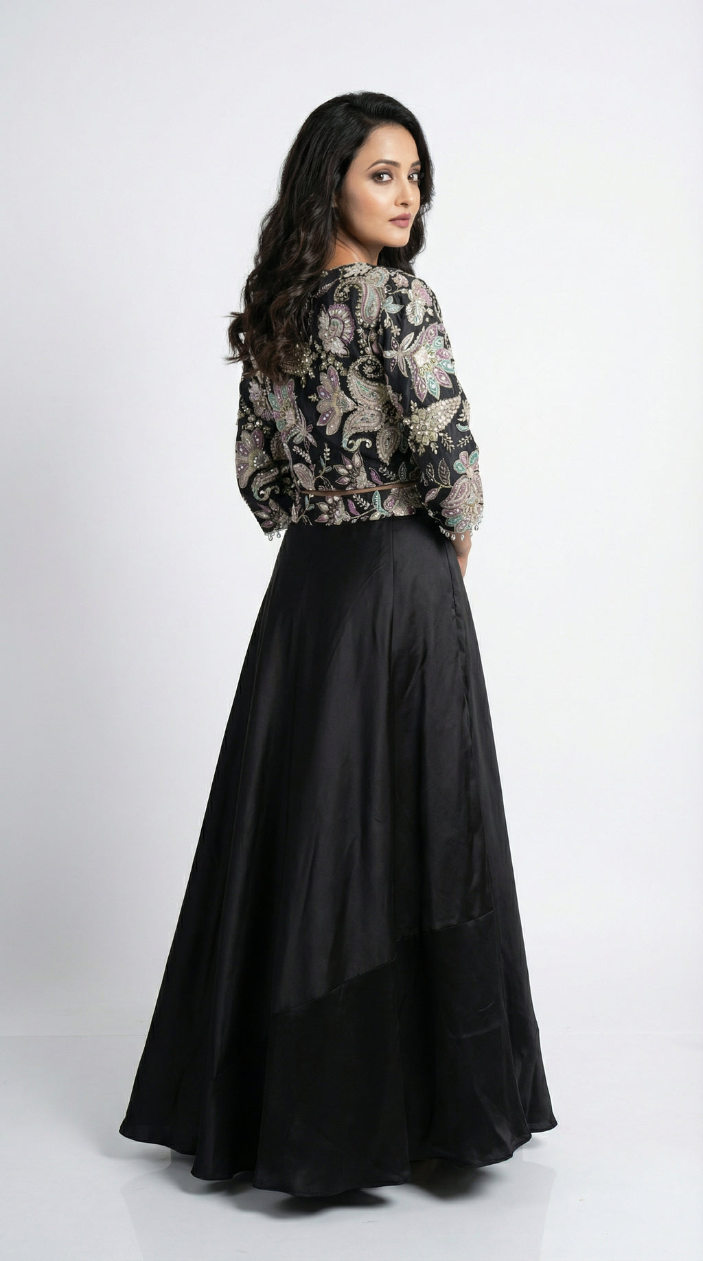 Women wearing black handwork jacket sytle indowestern