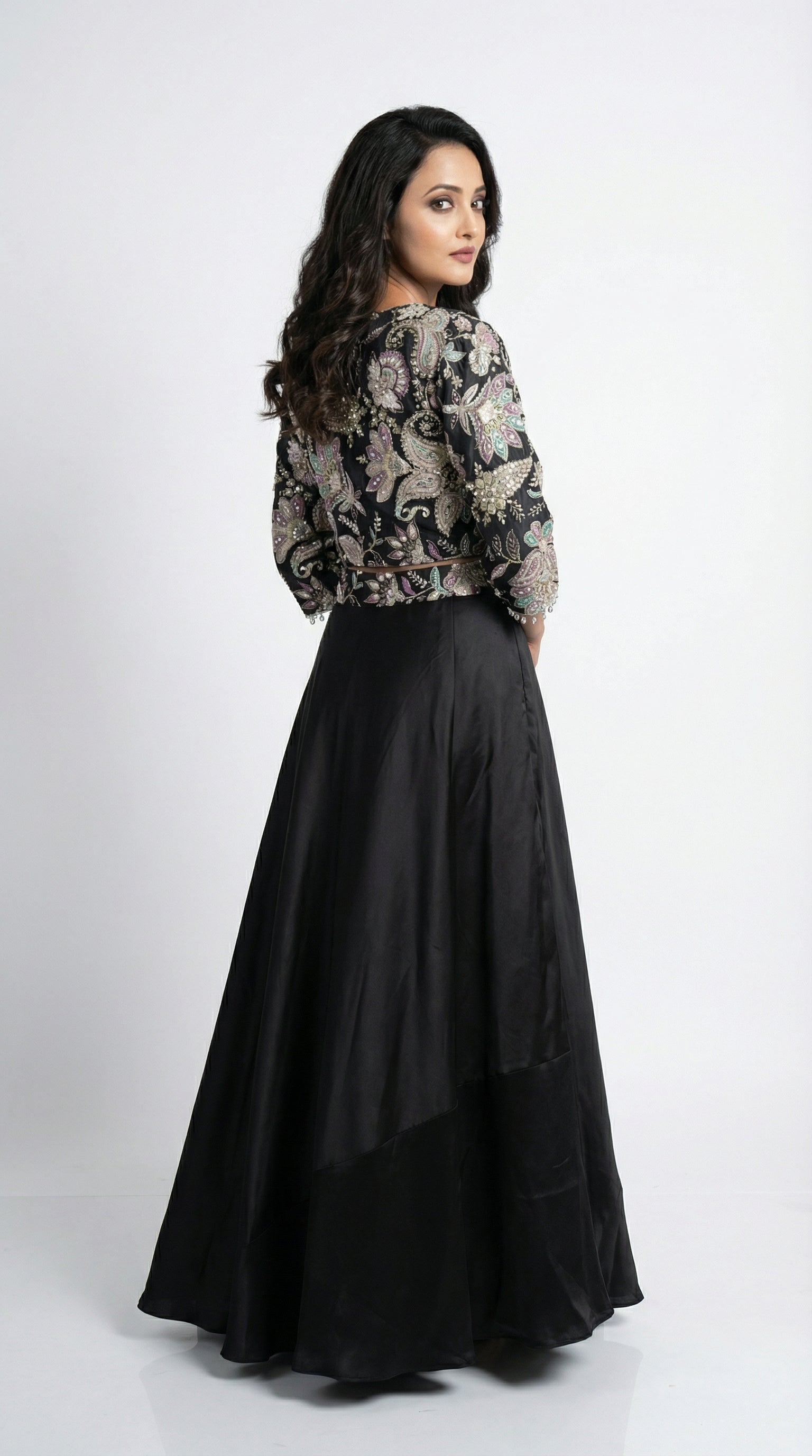 Women wearing black handwork jacket sytle indowestern