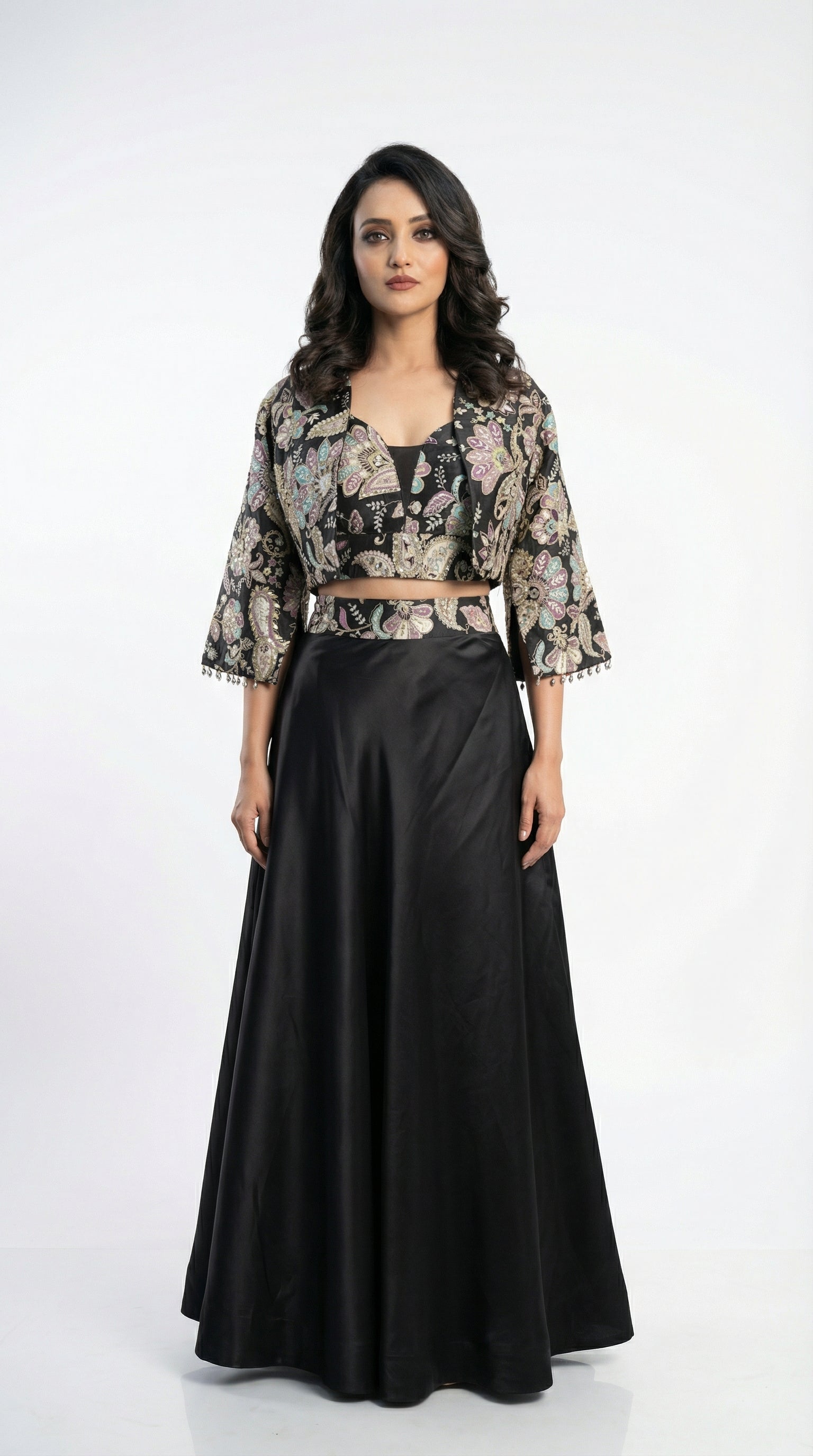 Women wearing black handwork jacket sytle indowestern