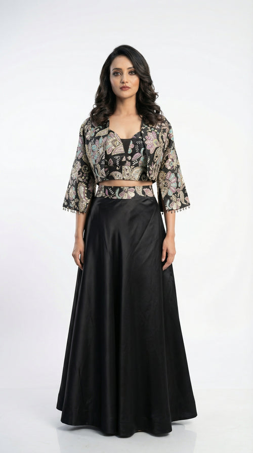 Women wearing black handwork jacket sytle indowestern