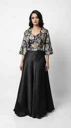 Women wearing black handwork jacket sytle indowestern