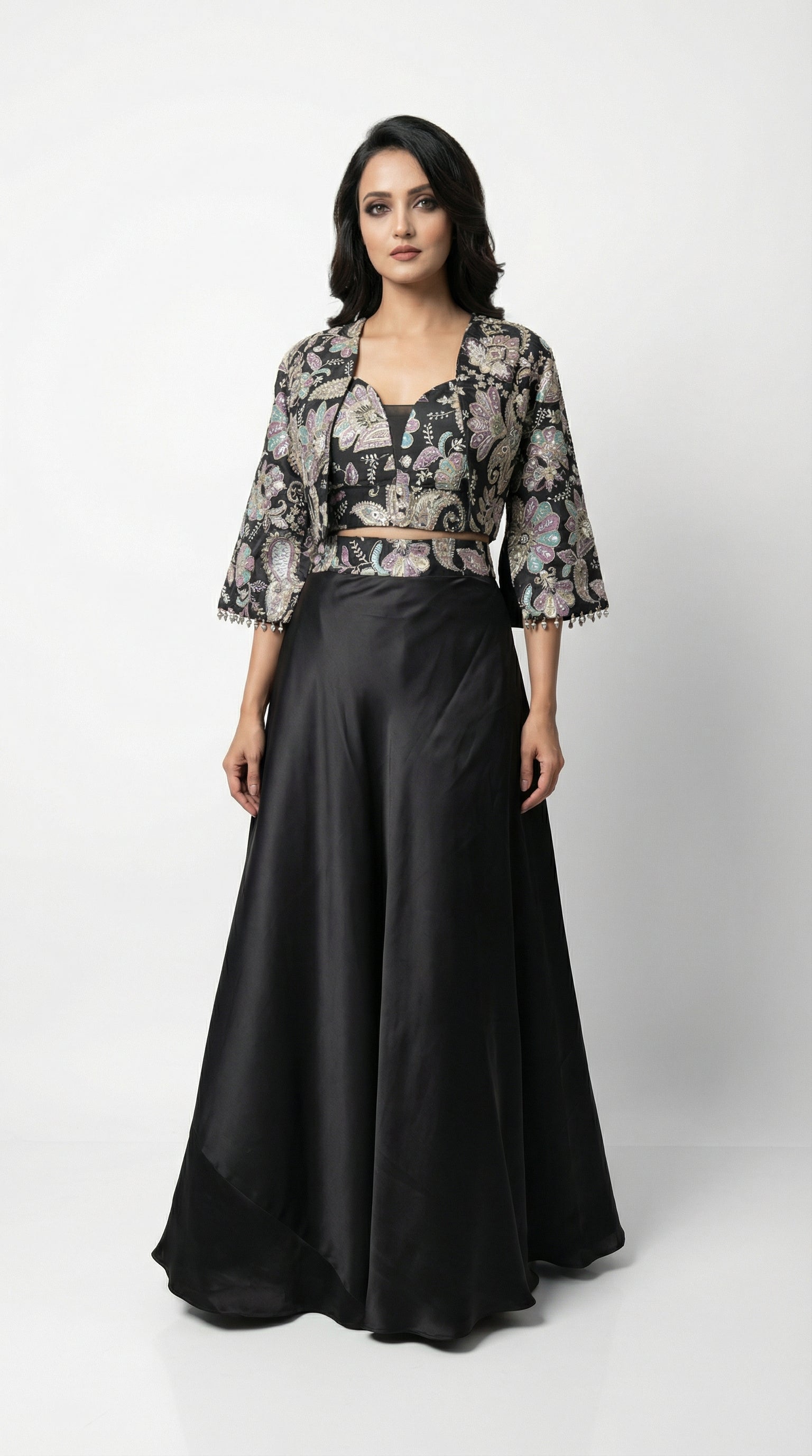 Women wearing black handwork jacket sytle indowestern