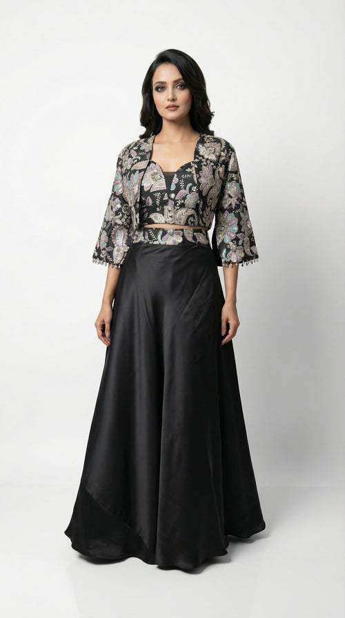 Women wearing black handwork jacket sytle indowestern