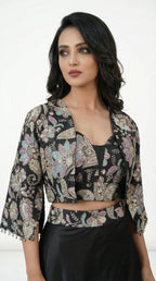 Women wearing black handwork jacket sytle indowestern