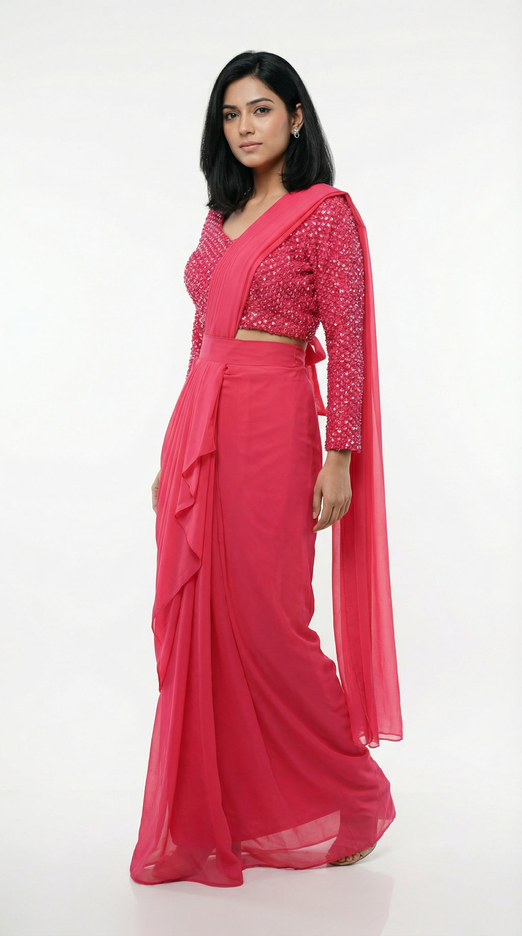 Rose Pink Sequin Drape Saree Set – Modern Pre-Draped Saree for Party & Festive Wear
