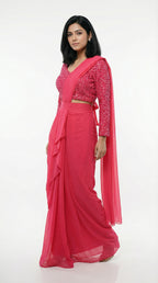 Rose Pink Sequin Drape Saree Set – Modern Pre-Draped Saree for Party & Festive Wear