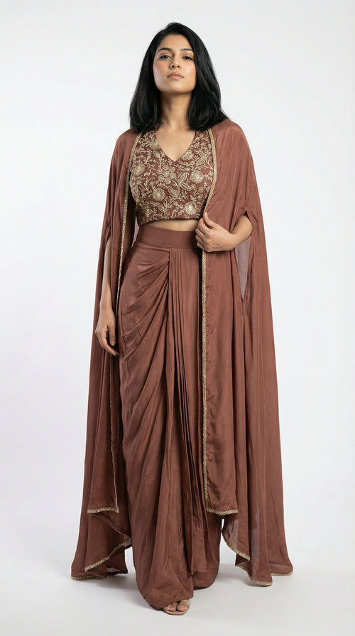 Woman wearing a brown indowestern outfit with a cape