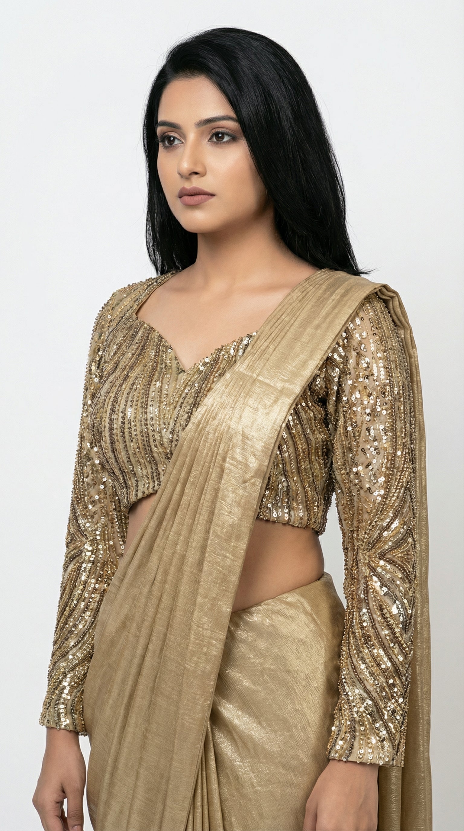 Golden Foil Fabric Ready-to-Wear Saree | Heavy Sequin Handwork Blouse