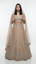 Woman wearing a beaded lehenga with a matching dupatta on a white background
