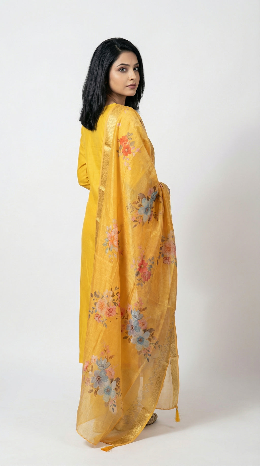 Woman wearing a yellow floral dress on a white background