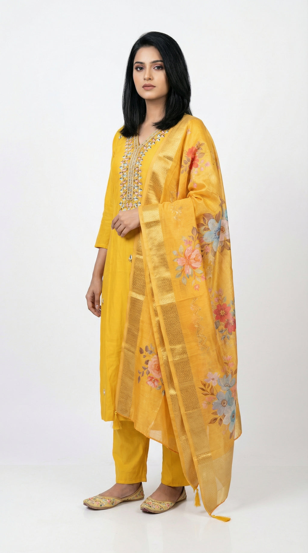 Yellow Chanderi Silk Kurta Set | Floral Organza Dupatta & Embroidered Neck