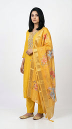 Yellow Chanderi Silk Kurta Set | Floral Organza Dupatta & Embroidered Neck
