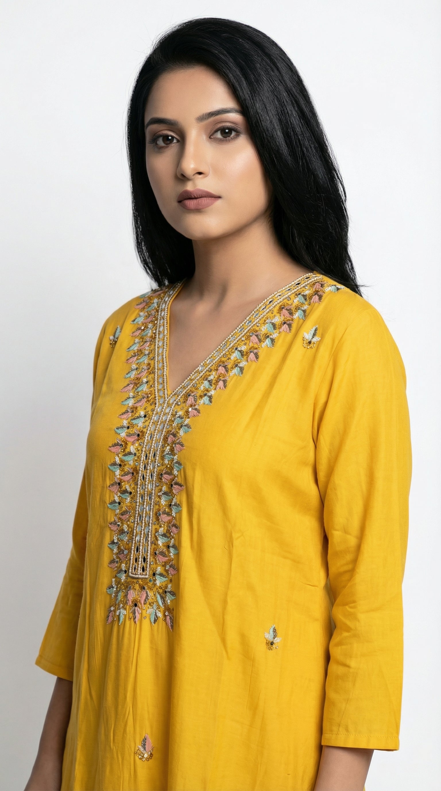 Yellow Chanderi Silk Kurta Set | Floral Organza Dupatta & Embroidered Neck