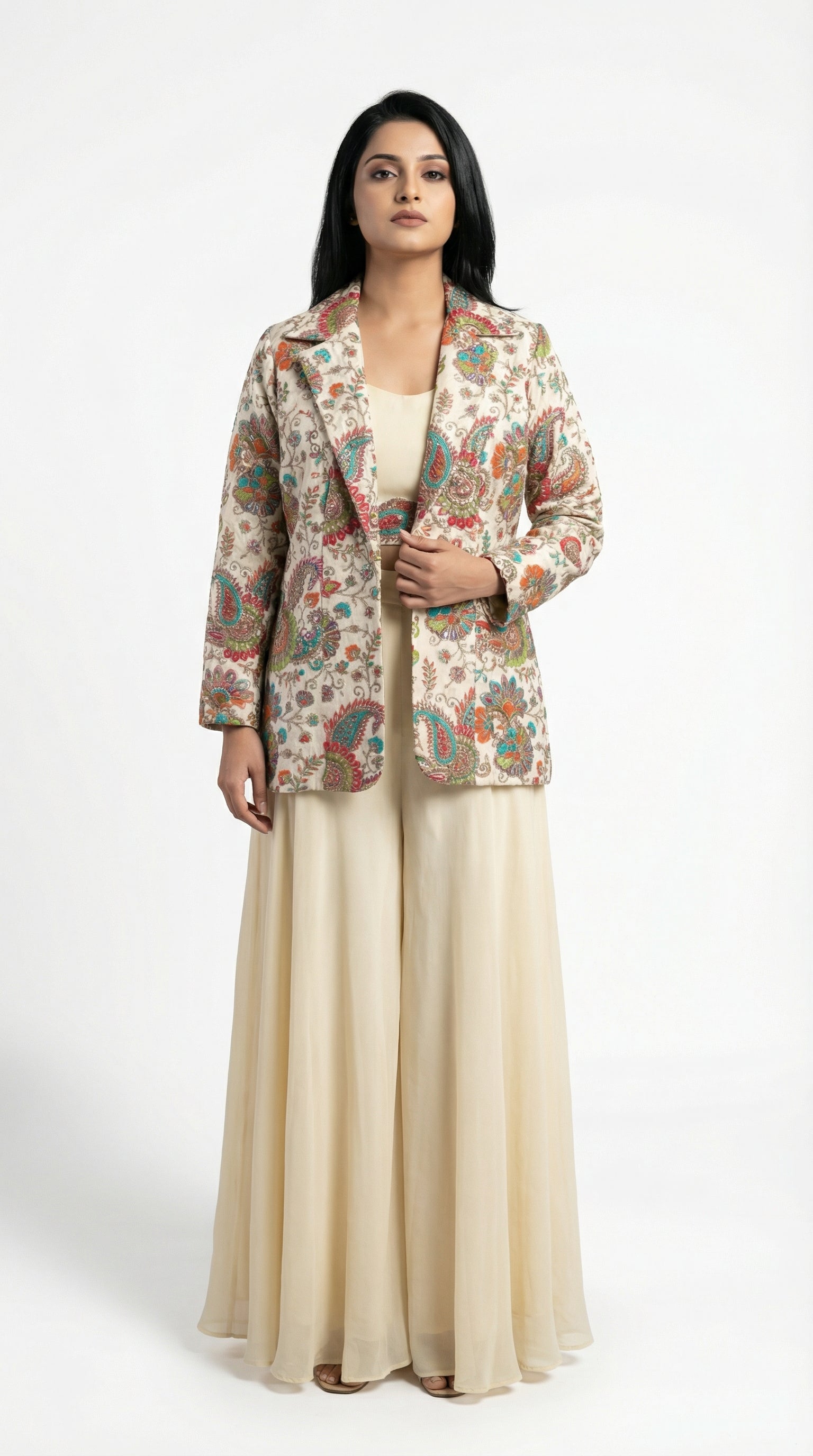 Close-up detail of the off-white jacket showing the intricate multi-colored paisley position print with handwork highlights.