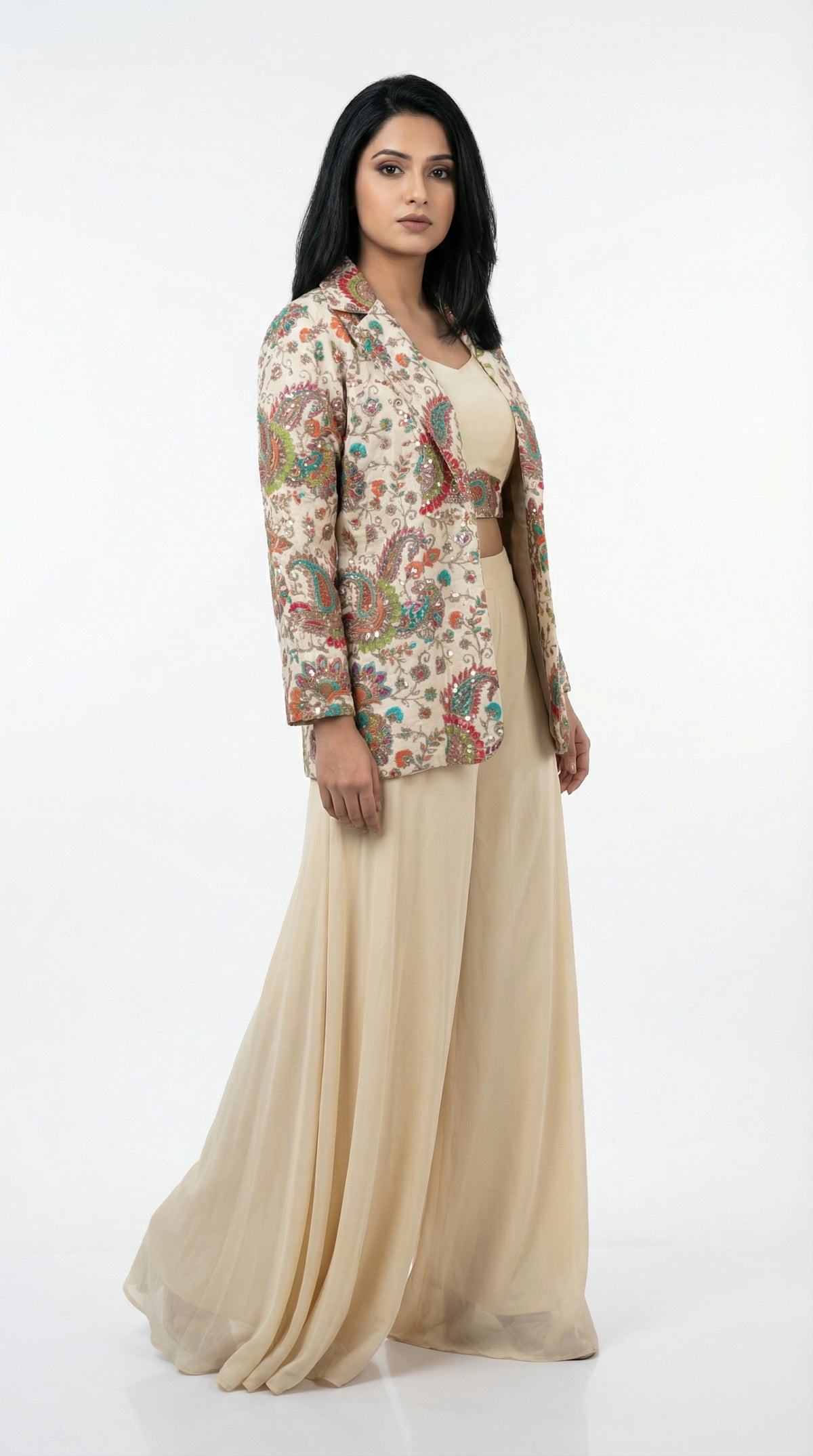 A stylish pose showing the complete modern jacket suit look, perfect for a sophisticated office party or day event.