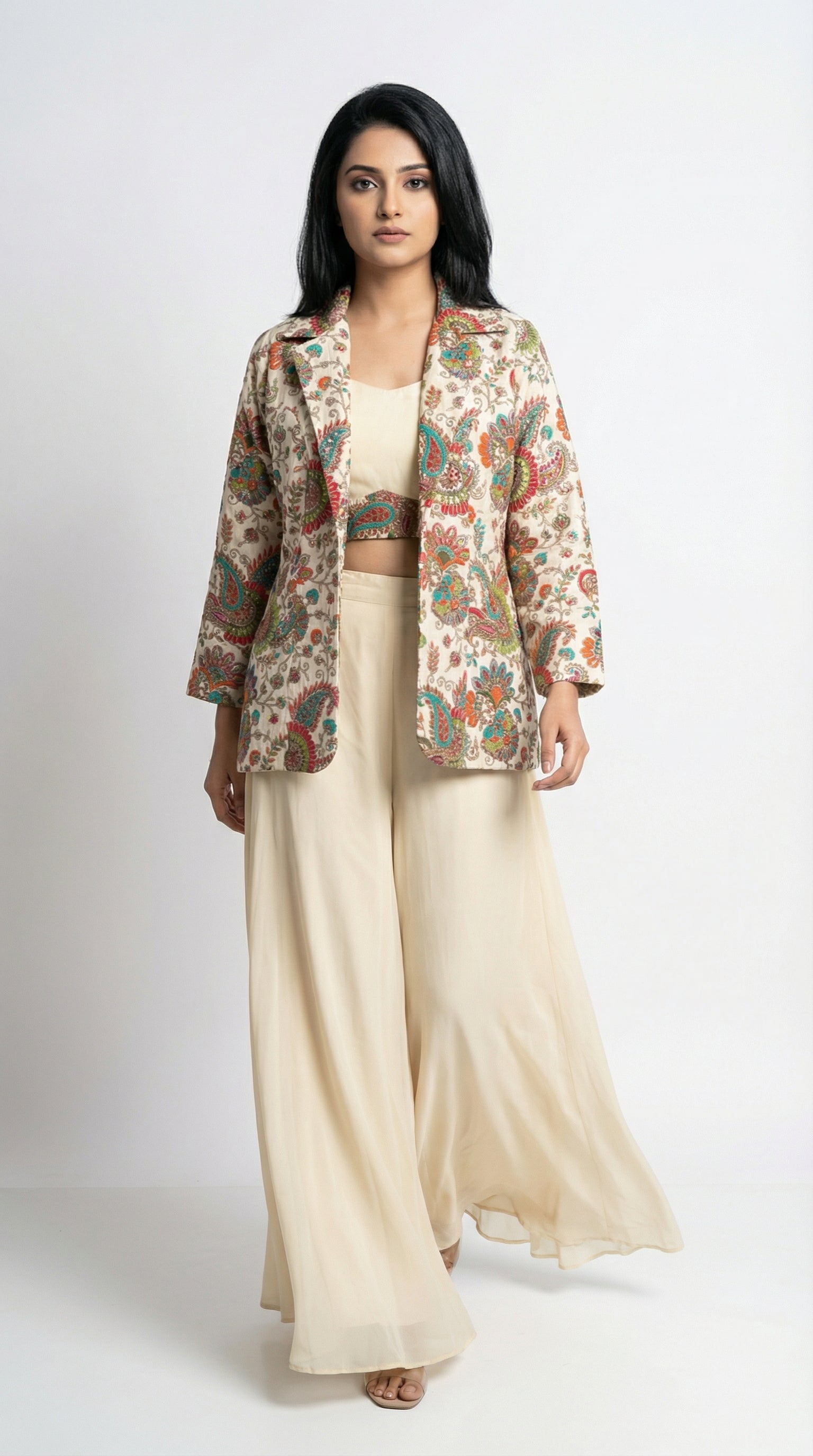 Full body front view of the Rosio House off-white fusion set featuring a position print handwork jacket and wide-leg palazzo pants.