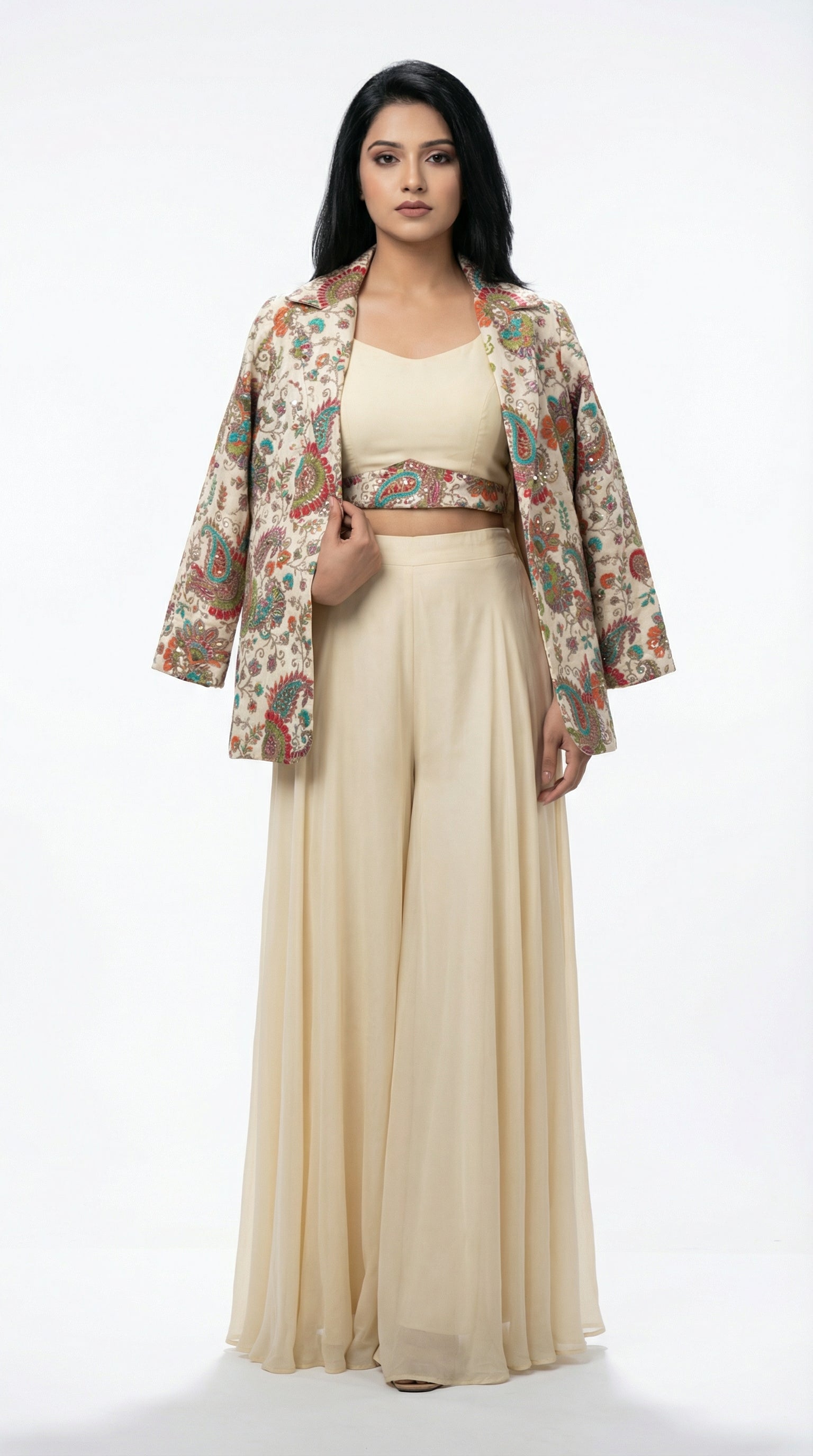 A view showing the solid off-white inner crop top layered under the printed blazer, highlighting the modern neckline.