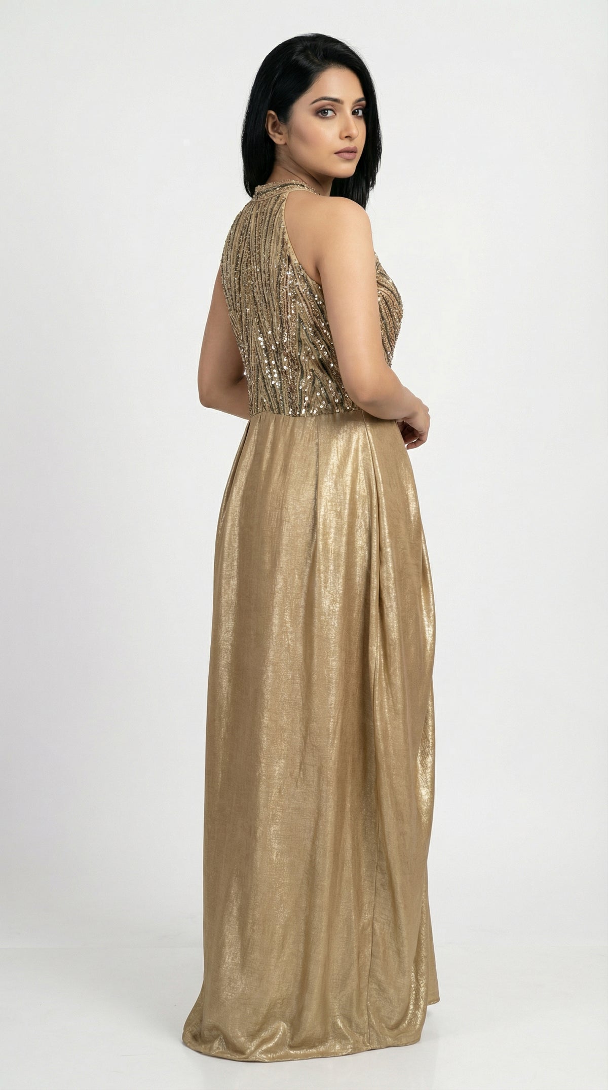 Golden Sequin Gown | Halter Neck Party Wear Rosio Rosio House Golden Sequin Gown | Halter Neck Party Wear Rosio Rosio House