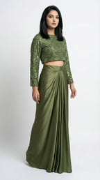 Olive Green Sequin Handwork Indowestern Set | Satin Drape Skirt & Long Sleeve Top