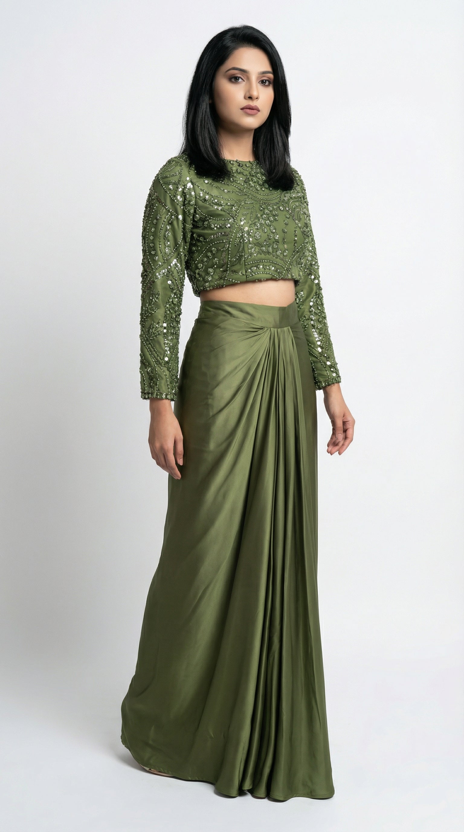 Olive Green Sequin Handwork Indowestern Set | Satin Drape Skirt & Long Sleeve Top