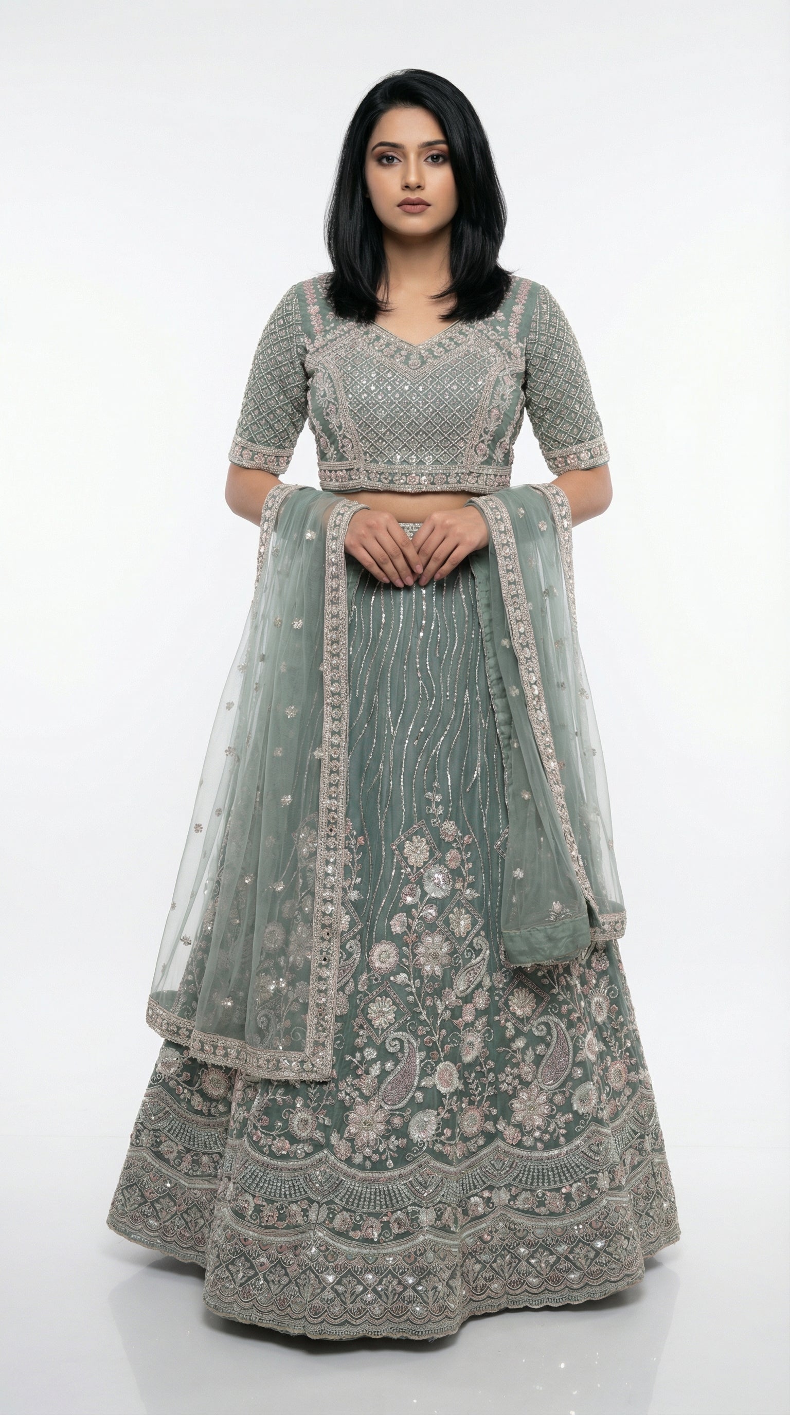 Women wearing green handwork lehenga with hand embroidery for wedding and sider lehenga
