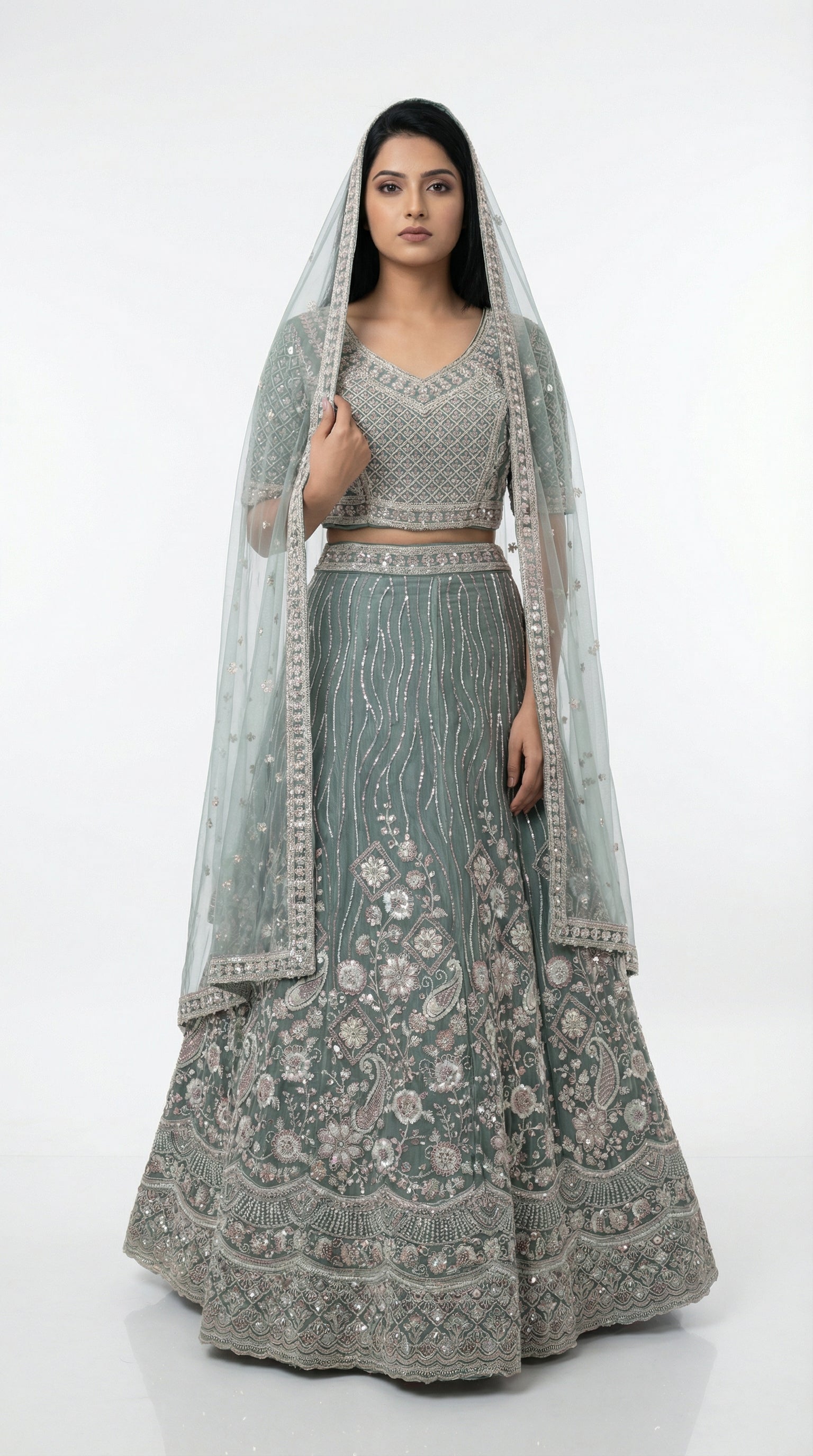Women wearing green handwork lehenga with hand embroidery for wedding and sider lehenga