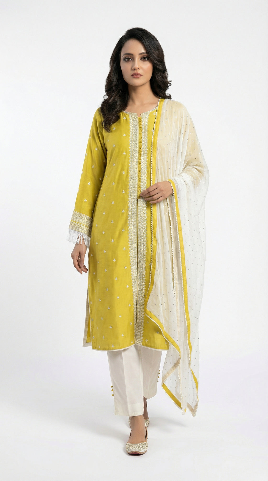 Full body front view of the Rosio House lime yellow kurta set featuring white thread embroidery and a white dupatta.