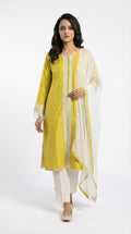 Full body front view of the Rosio House lime yellow kurta set featuring white thread embroidery and a white dupatta.