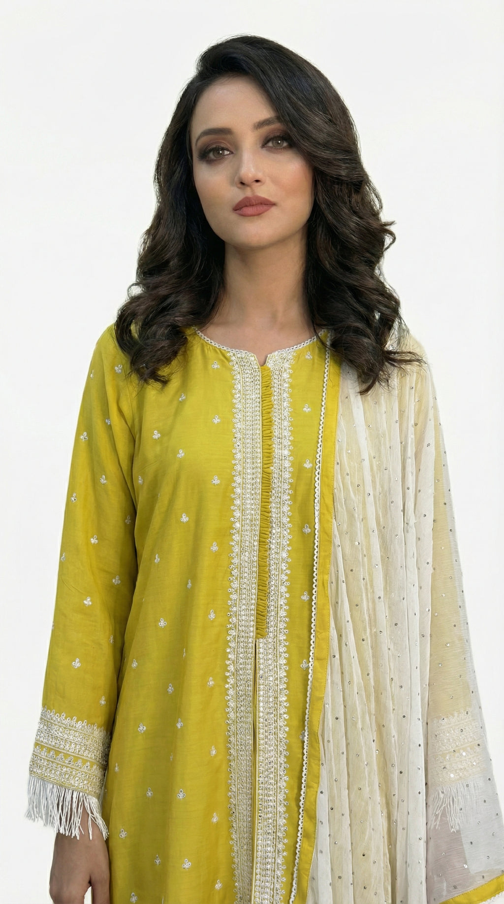 lose-up detail of the intricate white thread embroidery running down the center placket of the lime yellow kurta.