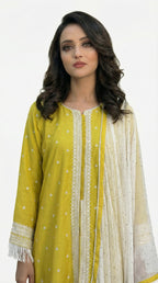 lose-up detail of the intricate white thread embroidery running down the center placket of the lime yellow kurta.