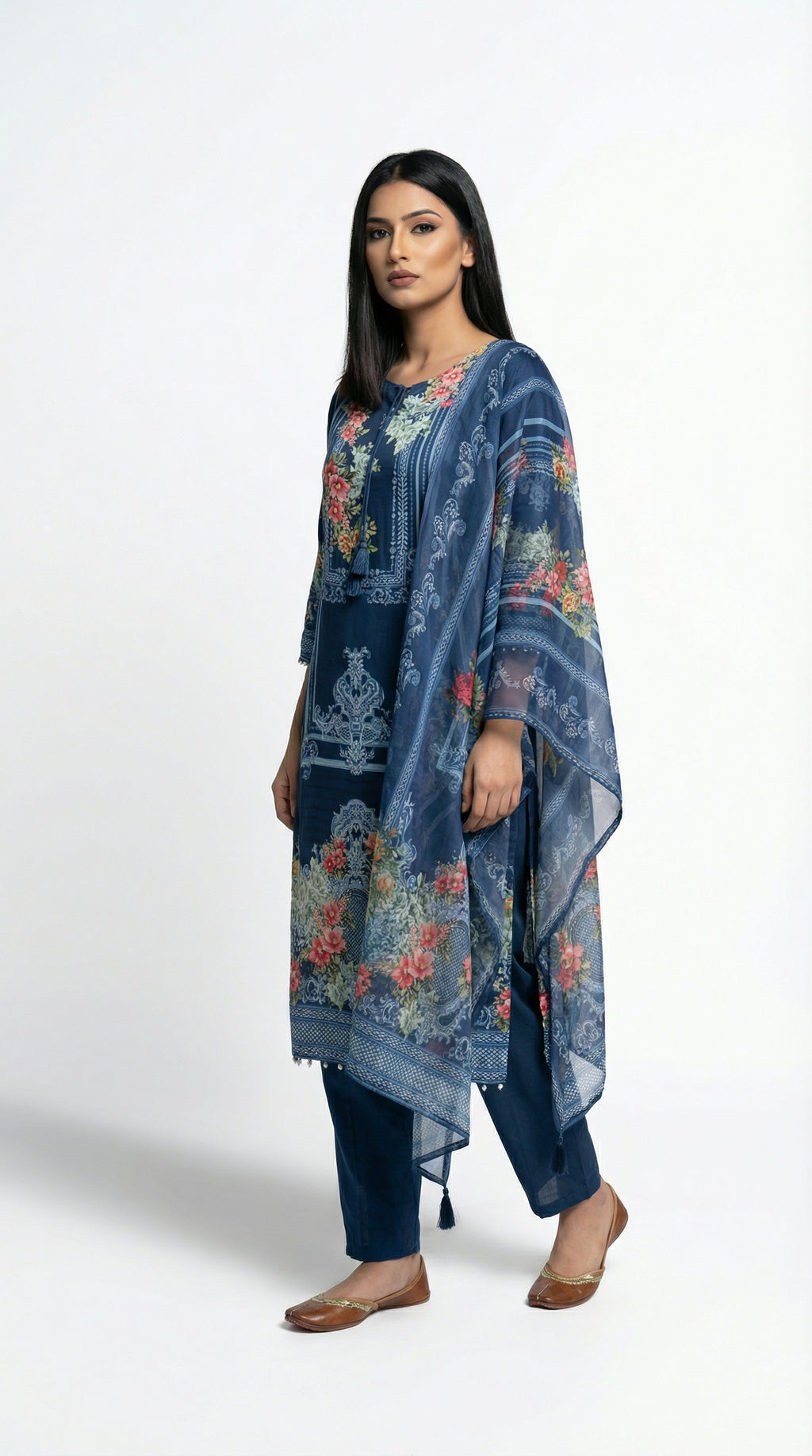 A view of the sheer matching dupatta featuring the same floral digital print draped over the shoulder.